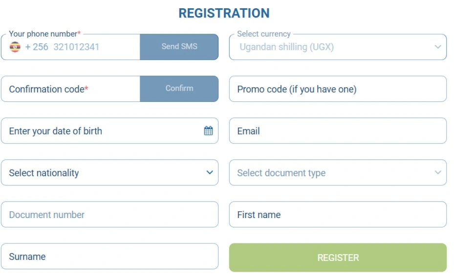 1xBet Uganda registration form